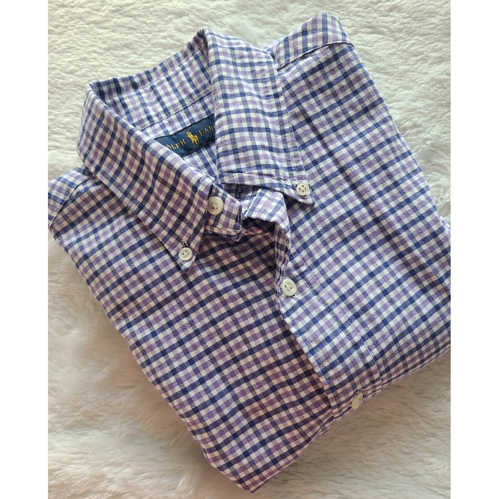 Polo Ralph Lauren Mens Gingham Button Down Shirt Purple Blue Cotton Small
